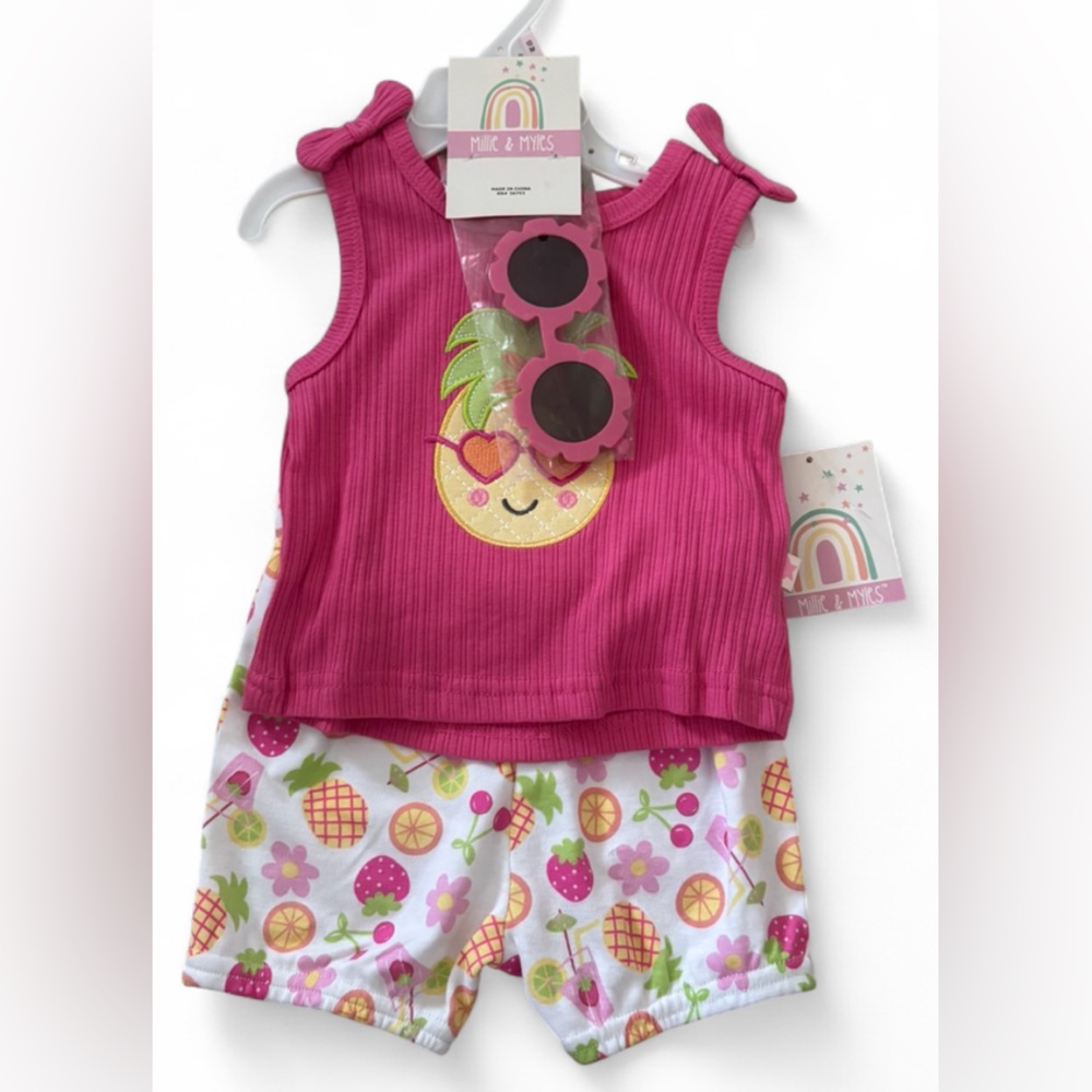 Pink Fruit Print Baby Outfit with Sunglasses